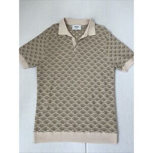Wax London Sanza Geo Jacquard Polo M Beige Geometric Wool Short Sleeve Knit Tee